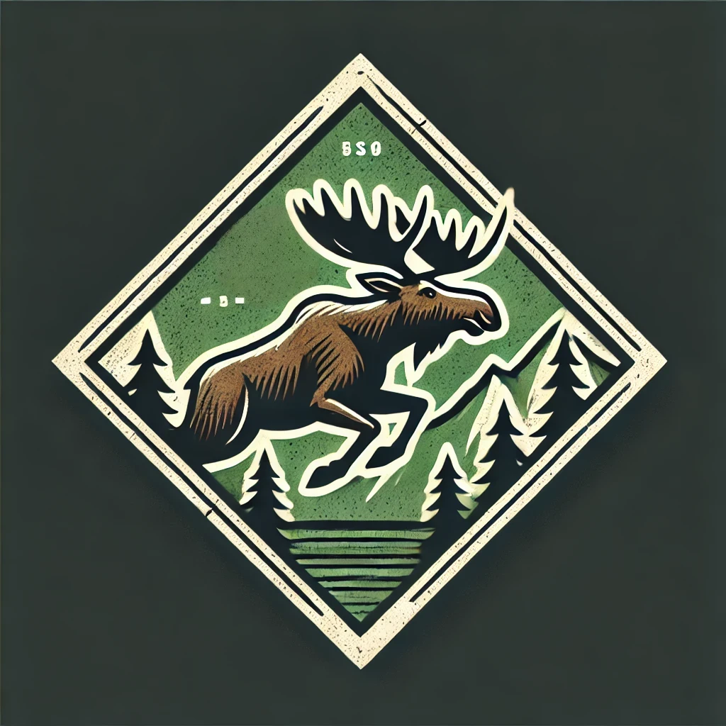 Flying Moose Contracting & Drafting logo: a leaping moose inside a diamond frame with mountains and spruce trees